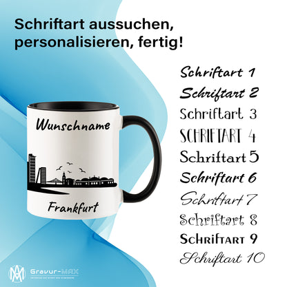 Tasse in Schwarz 330ml bedruckt mit der Skyline von Frankfurt personalisierbar mit Wunschname