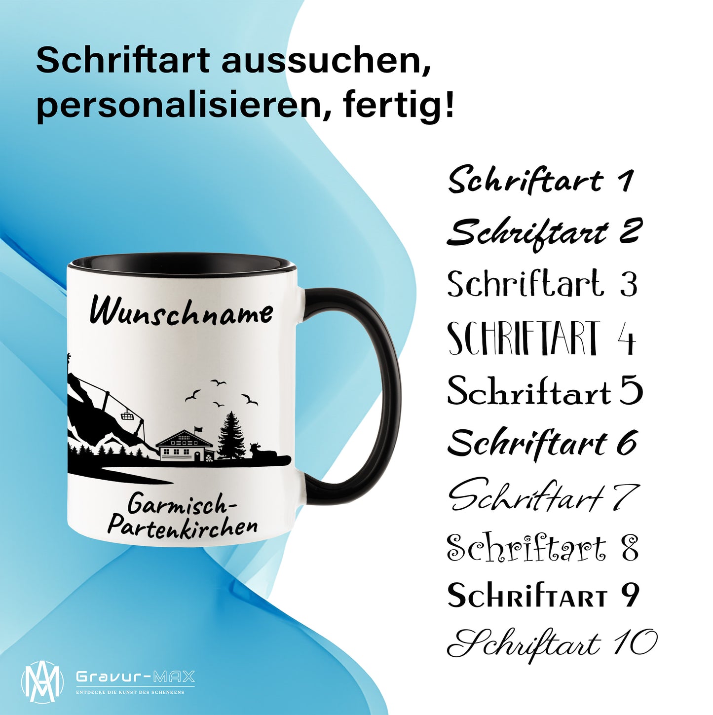 Tasse in Schwarz 330ml bedruckt mit der Skyline von Garmisch-Partenkirchen personalisierbar mit Wunschname