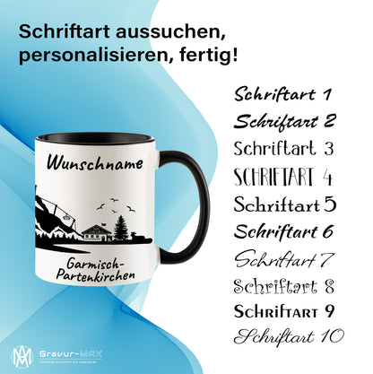 Tasse in Schwarz 330ml bedruckt mit der Skyline von Garmisch-Partenkirchen personalisierbar mit Wunschname