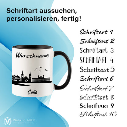 Tasse in Schwarz 330ml bedruckt mit der Skyline von Celle personalisierbar mit Wunschname