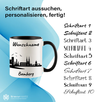 Tasse in Schwarz 330ml bedruckt mit der Skyline von Bamberg personalisierbar mit Wunschname