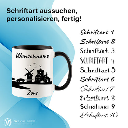 Tasse in Schwarz 330ml bedruckt mit der Skyline von Zons (Dormagen) personalisierbar mit Wunschname