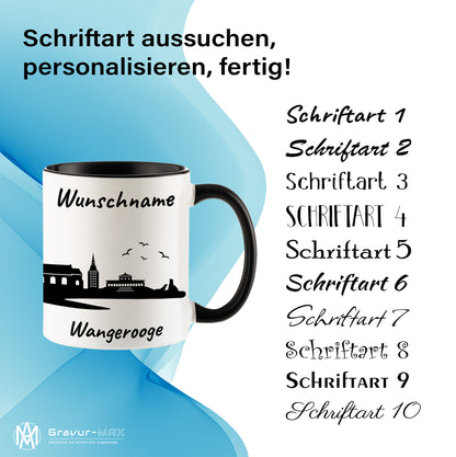 Tasse in Schwarz 330ml bedruckt mit der Skyline von Wangerooge personalisierbar mit Wunschname