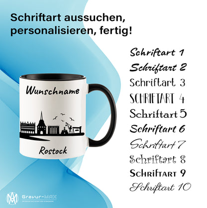Tasse in Schwarz 330ml bedruckt mit der Skyline von Rostock personalisierbar mit Wunschname