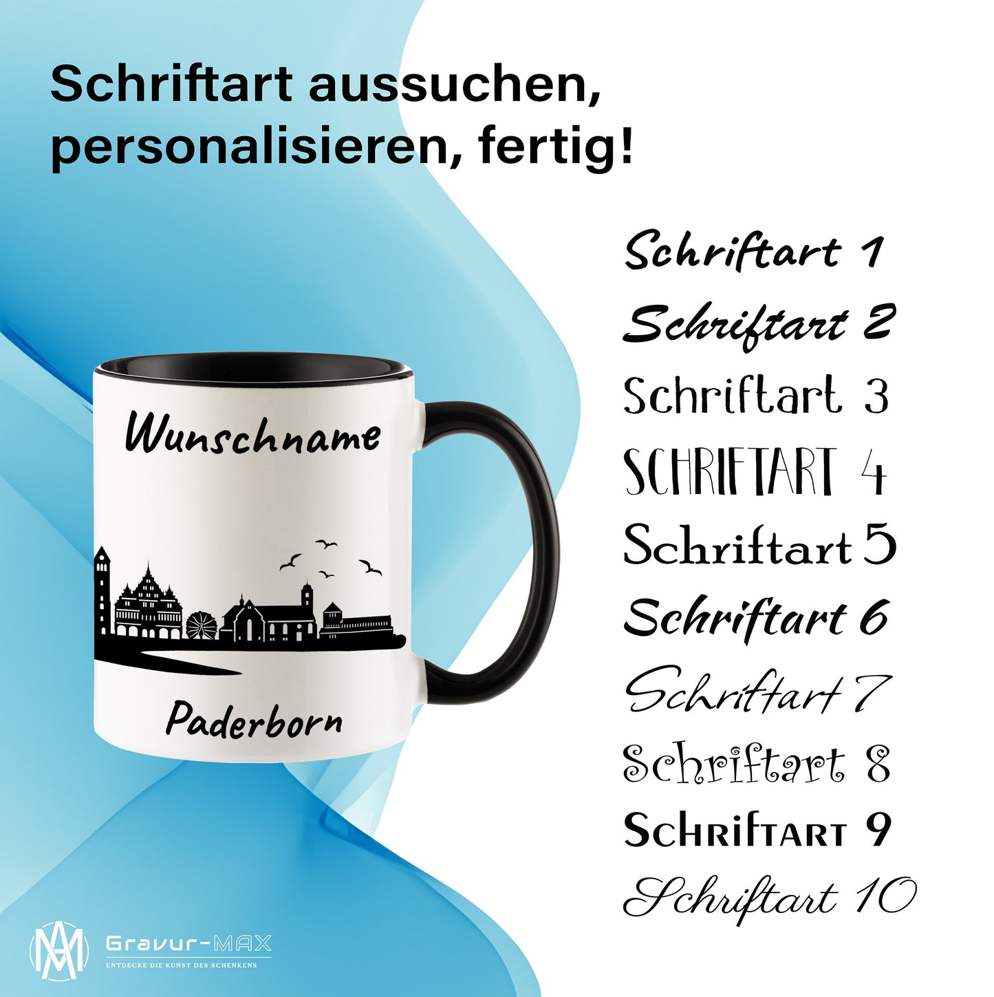 Tasse in Schwarz 330ml bedruckt mit der Skyline von Paderborn personalisierbar mit Wunschname