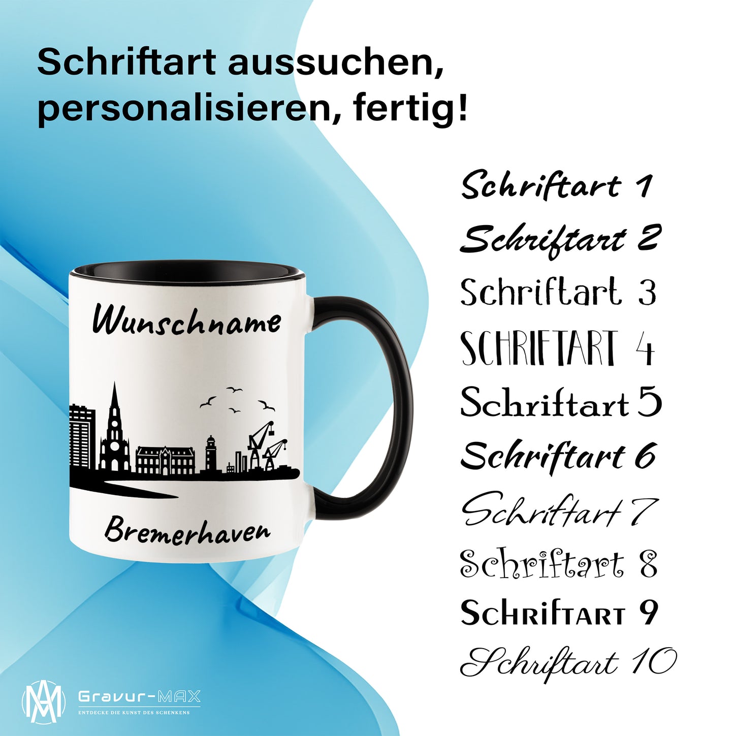 Tasse in Schwarz 330ml bedruckt mit der Skyline von Bremerhaven personalisierbar mit Wunschname