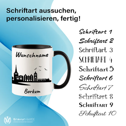 Tasse in Schwarz 330ml bedruckt mit der Skyline von Borkum personalisierbar mit Wunschname