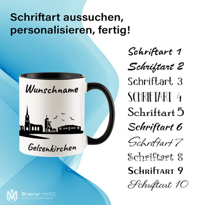Tasse in Schwarz 330ml bedruckt mit der Skyline von Gelsenkirchen personalisierbar mit Wunschname