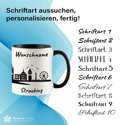 Tasse in Schwarz 330ml bedruckt mit der Skyline von Straubing personalisierbar mit Wunschname
