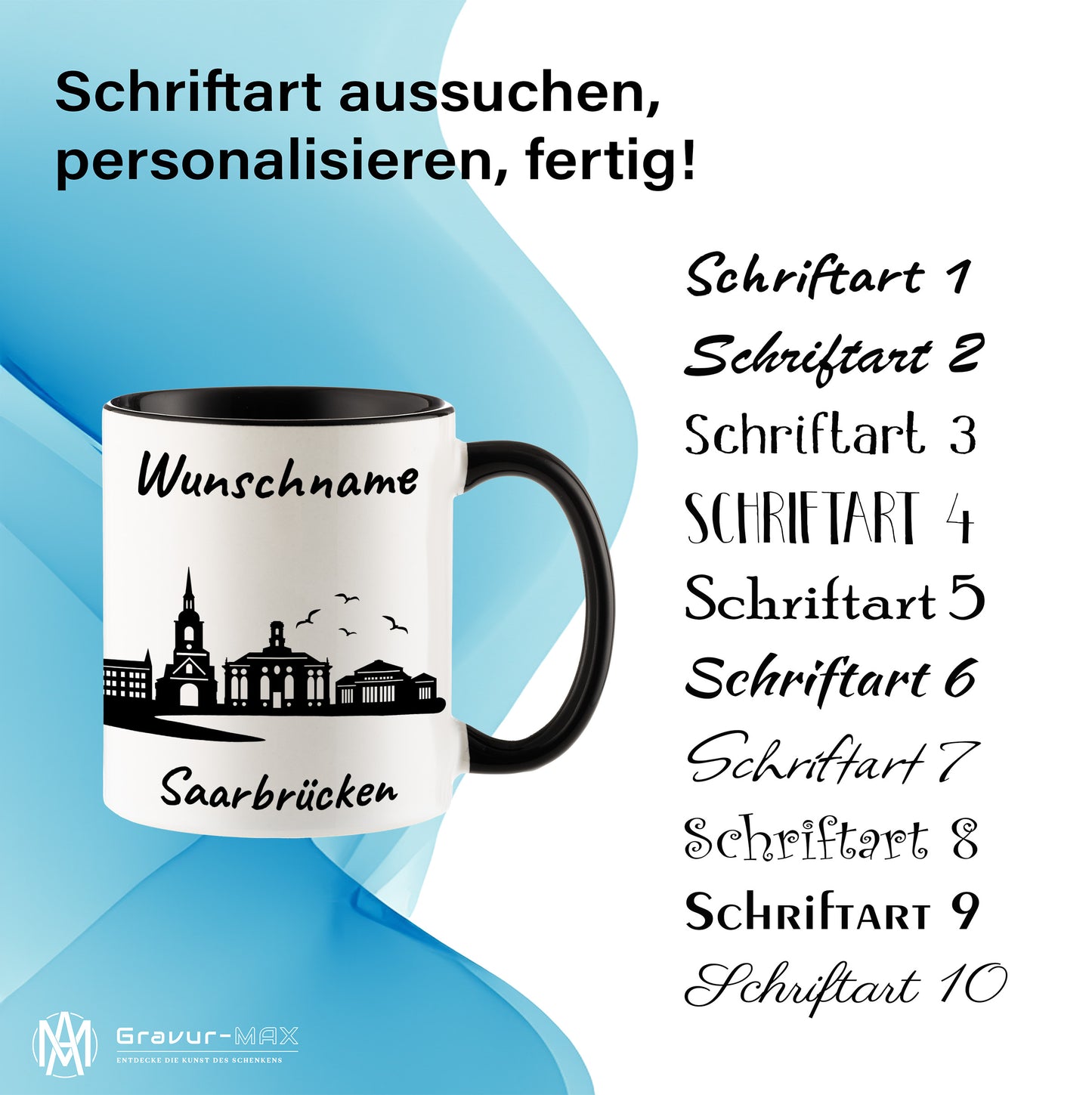 Tasse in Schwarz 330ml bedruckt mit der Skyline von Saarbrücken personalisierbar mit Wunschname