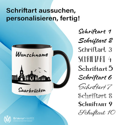 Tasse in Schwarz 330ml bedruckt mit der Skyline von Saarbrücken personalisierbar mit Wunschname