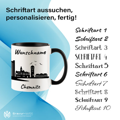 Tasse in Schwarz 330ml bedruckt mit der Skyline von Chemnitz personalisierbar mit Wunschname
