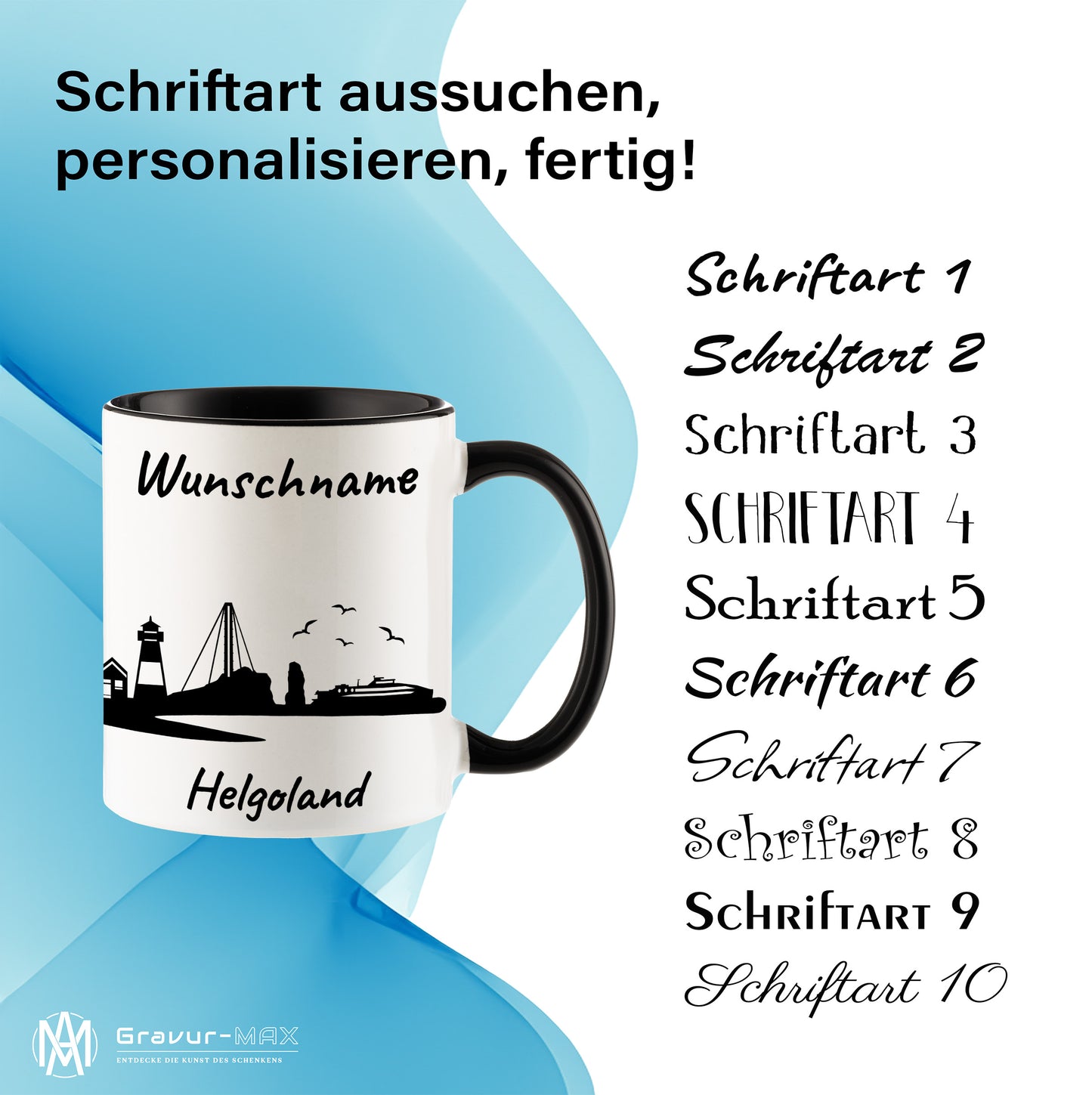 Tasse in Schwarz 330ml bedruckt mit der Skyline von Helgoland personalisierbar mit Wunschname