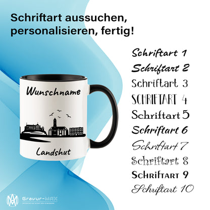 Tasse in Schwarz 330ml bedruckt mit der Skyline von Landshut personalisierbar mit Wunschname