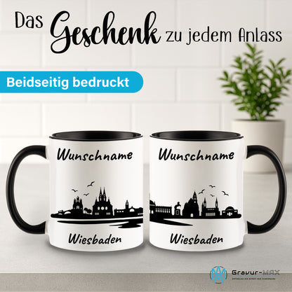 Tasse in Schwarz 330ml bedruckt mit der Skyline von Wiesbaden personalisierbar mit Wunschname