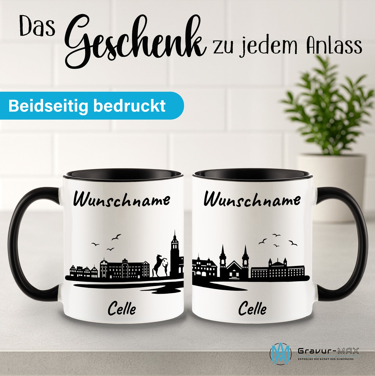 Tasse in Schwarz 330ml bedruckt mit der Skyline von Celle personalisierbar mit Wunschname