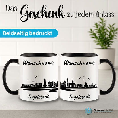 Tasse in Schwarz 330ml bedruckt mit der Skyline von Ingolstadt personalisierbar mit Wunschname