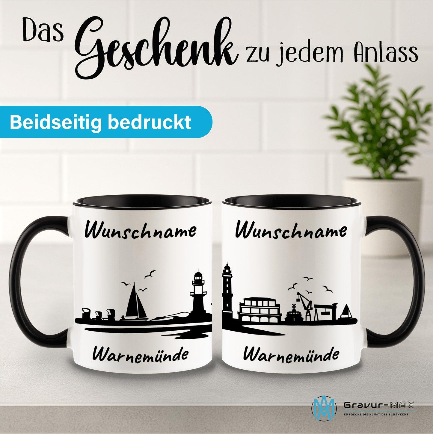 Tasse in Schwarz 330ml bedruckt mit der Skyline von Warnemünde personalisierbar mit Wunschname