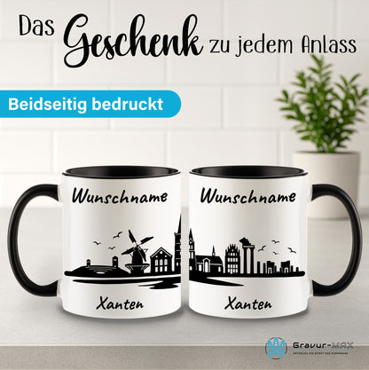 Tasse in Schwarz 330ml bedruckt mit der Skyline von Xanten personalisierbar mit Wunschname