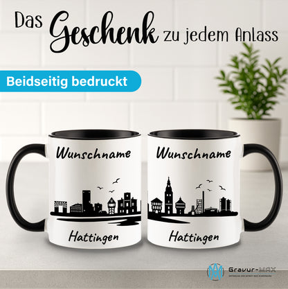 Tasse in Schwarz 330ml bedruckt mit der Skyline von Hattingen personalisierbar mit Wunschname