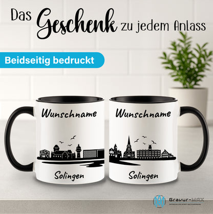 Tasse in Schwarz 330ml bedruckt mit der Skyline von Solingen personalisierbar mit Wunschname