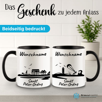 Tasse in Schwarz 330ml bedruckt mit der Skyline von Sankt Peter-Ording personalisierbar mit Wunschname