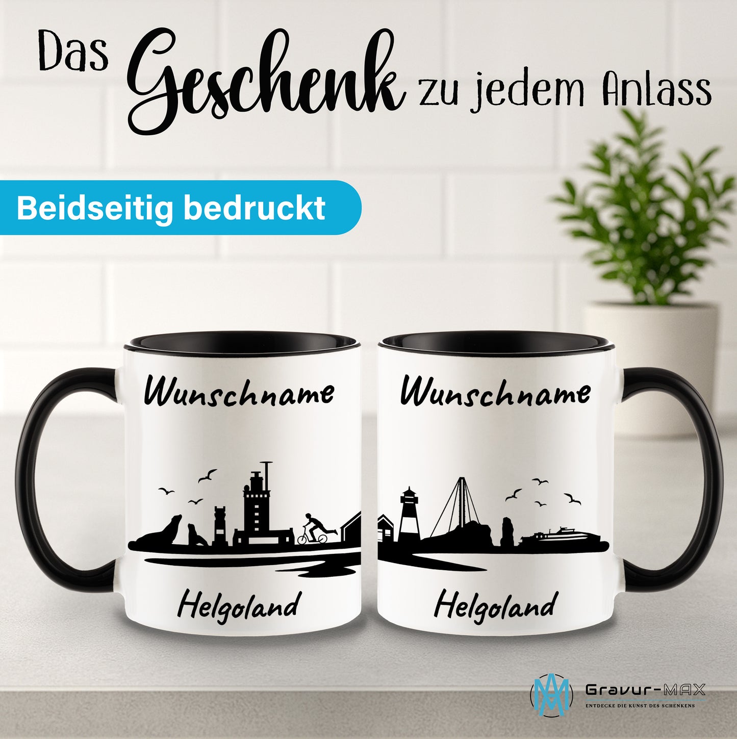 Tasse in Schwarz 330ml bedruckt mit der Skyline von Helgoland personalisierbar mit Wunschname