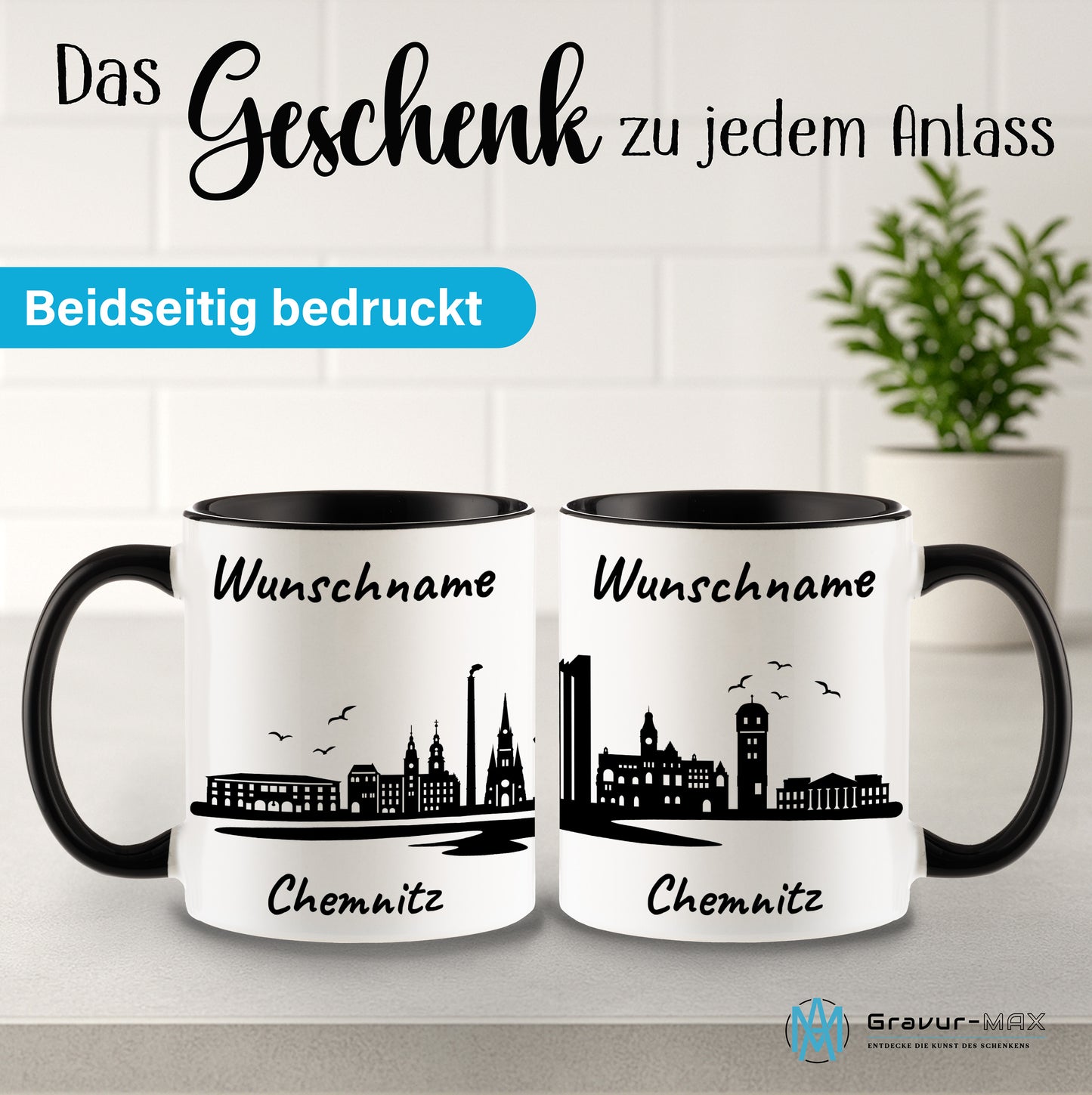 Tasse in Schwarz 330ml bedruckt mit der Skyline von Chemnitz personalisierbar mit Wunschname