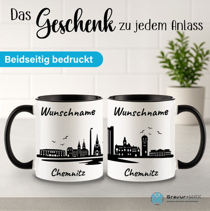 Tasse in Schwarz 330ml bedruckt mit der Skyline von Chemnitz personalisierbar mit Wunschname