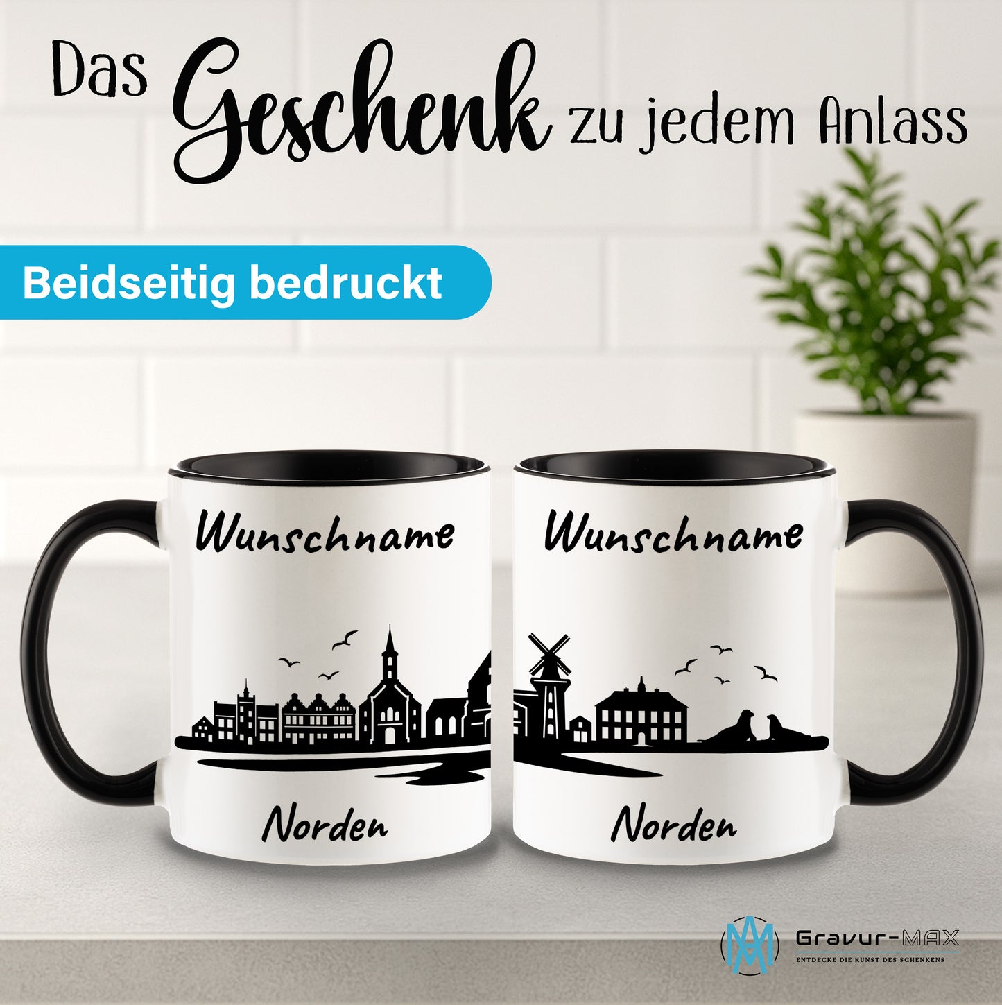 Tasse in Schwarz 330ml bedruckt mit der Skyline von Norden personalisierbar mit Wunschname