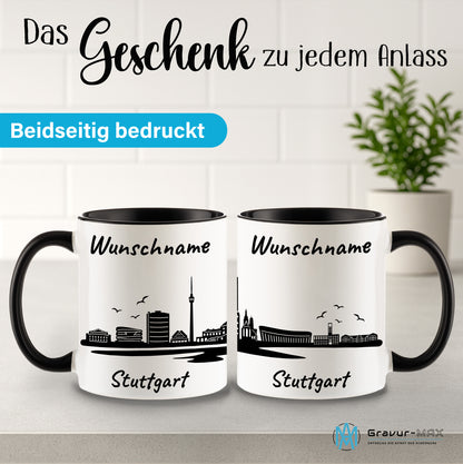 Tasse in Schwarz 330ml bedruckt mit der Skyline von Stuttgart personalisierbar mit Wunschname