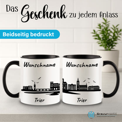 Tasse in Schwarz 330ml bedruckt mit der Skyline von Trier personalisierbar mit Wunschname