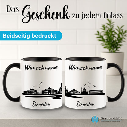 Tasse in Schwarz 330ml bedruckt mit der Skyline von Dresden personalisierbar mit Wunschname
