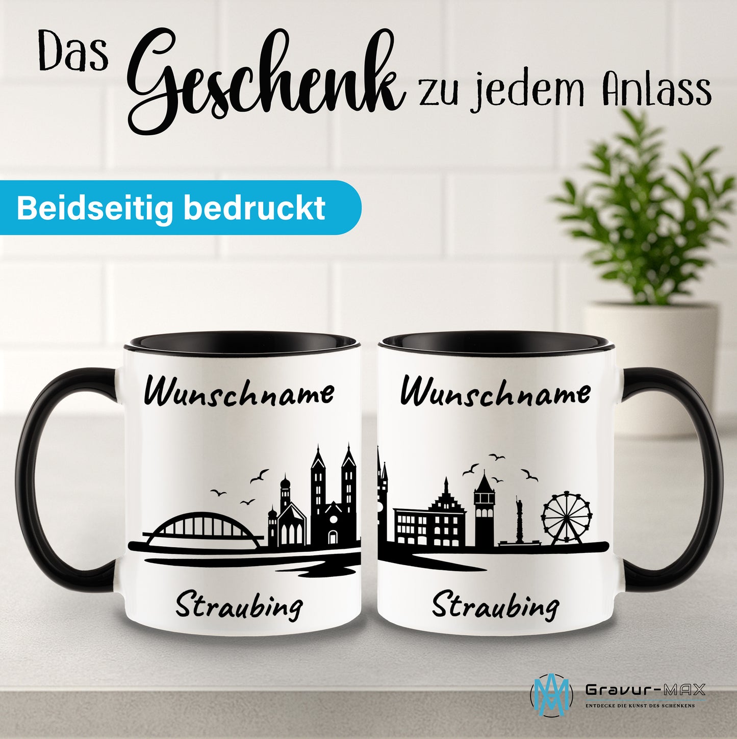 Tasse in Schwarz 330ml bedruckt mit der Skyline von Straubing personalisierbar mit Wunschname
