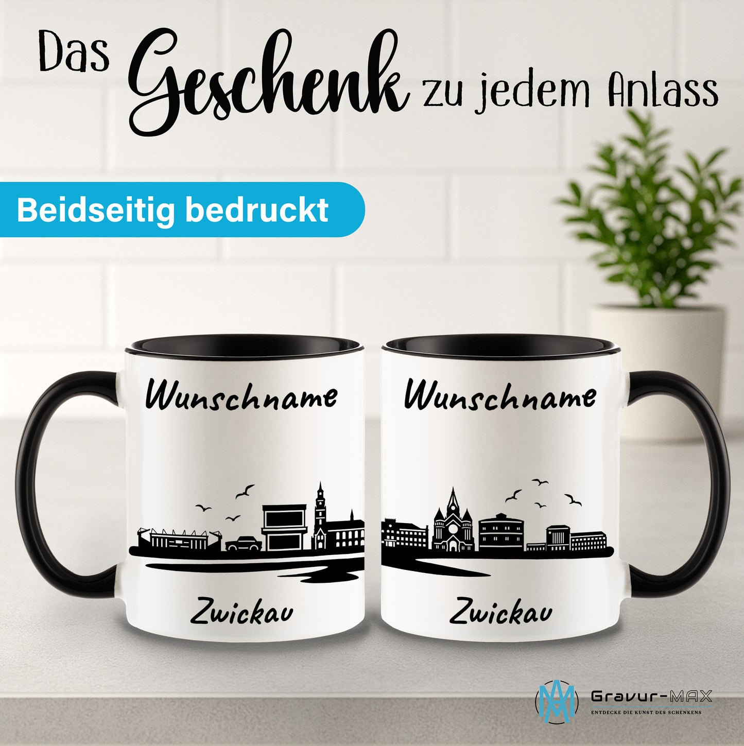 Tasse in Schwarz 330ml bedruckt mit der Skyline von Zwickau personalisierbar mit Wunschname