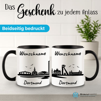 Tasse in Schwarz 330ml bedruckt mit der Skyline von Dortmund personalisierbar mit Wunschname
