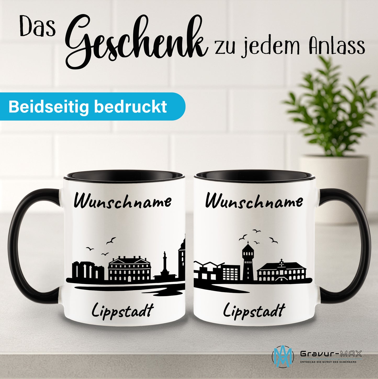 Tasse in Schwarz 330ml bedruckt mit der Skyline von Lippstadt personalisierbar mit Wunschname