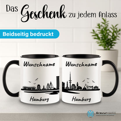 Tasse in Schwarz 330ml bedruckt mit der Skyline von Hamburg personalisierbar mit Wunschname