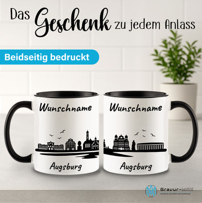 Tasse in Schwarz 330ml bedruckt mit der Skyline von Augsburg personalisierbar mit Wunschname