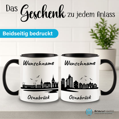 Tasse in Schwarz 330ml bedruckt mit der Skyline von Osnabrück personalisierbar mit Wunschname