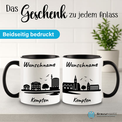 Tasse in Schwarz 330ml bedruckt mit der Skyline von Kempten personalisierbar mit Wunschname