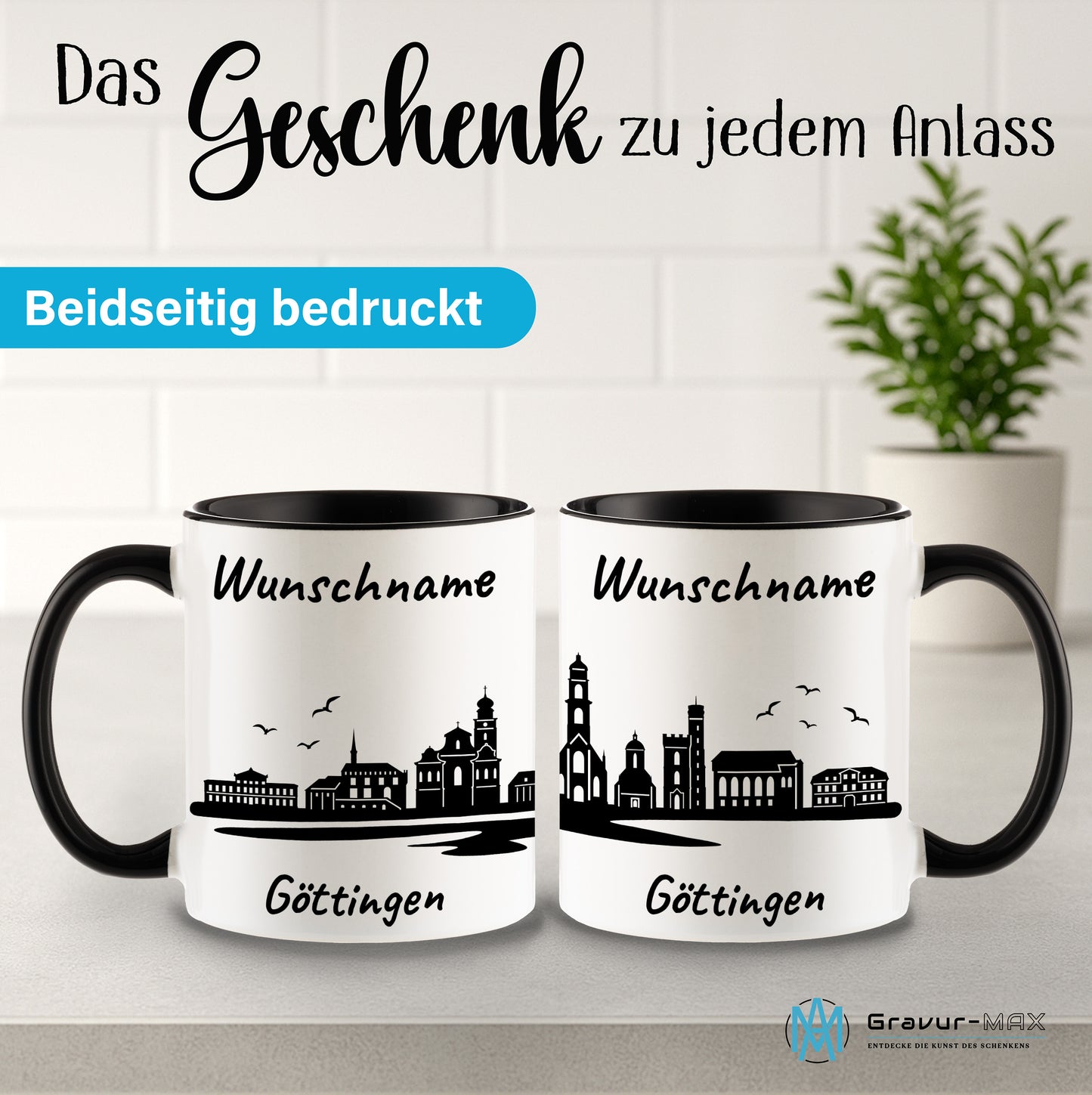 Tasse in Schwarz 330ml bedruckt mit der Skyline von Göttingen personalisierbar mit Wunschname