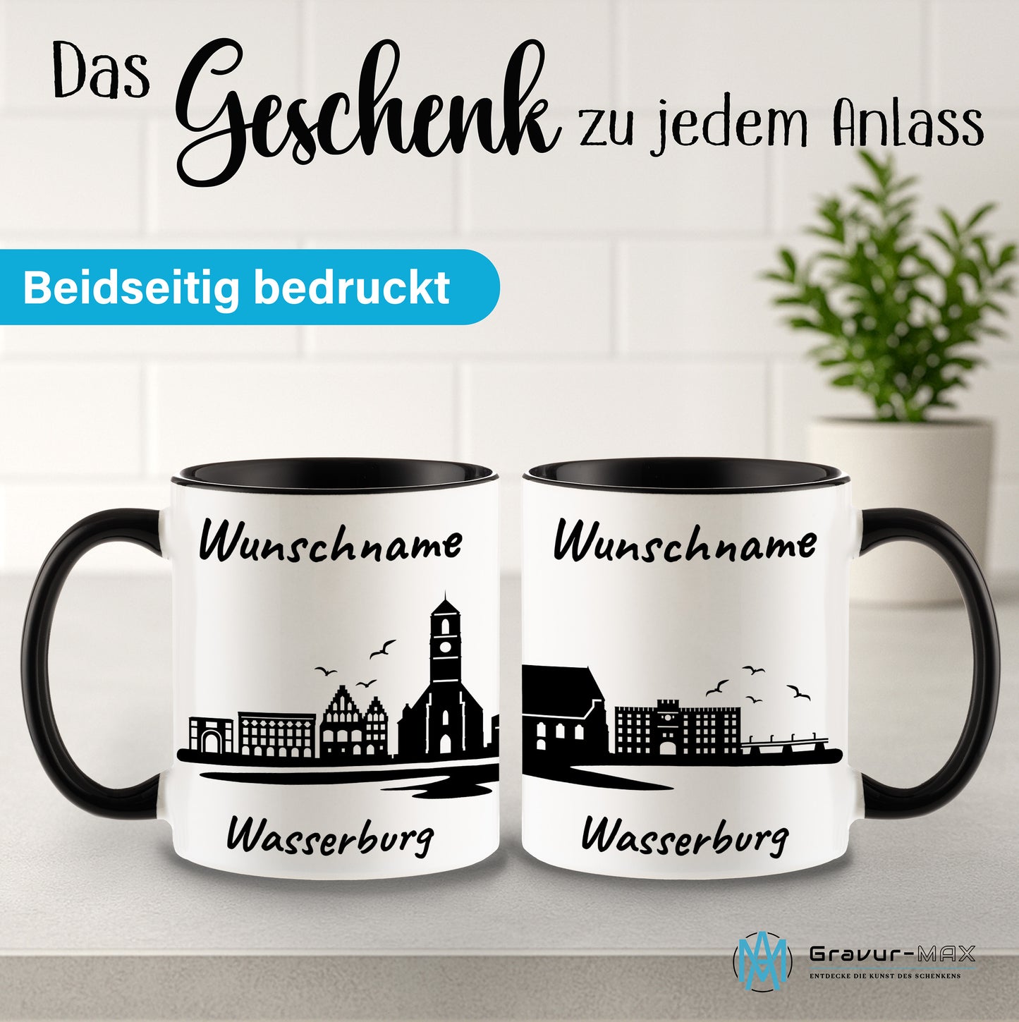 Tasse in Schwarz 330ml bedruckt mit der Skyline von Wasserburg personalisierbar mit Wunschname