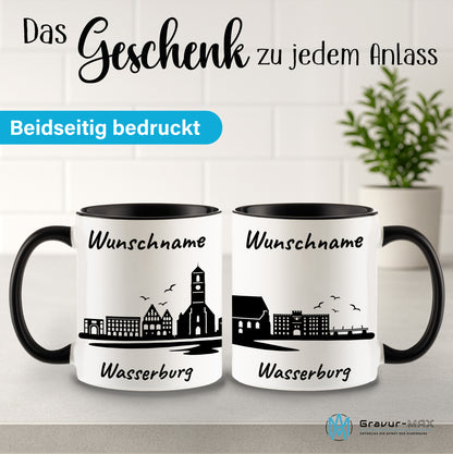 Tasse in Schwarz 330ml bedruckt mit der Skyline von Wasserburg personalisierbar mit Wunschname
