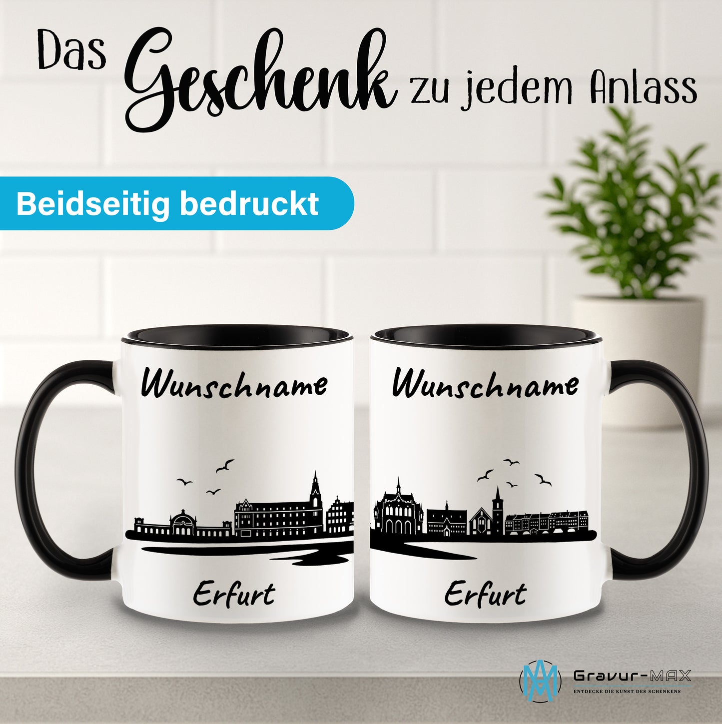 Tasse in Schwarz 330ml bedruckt mit der Skyline von Erfurt personalisierbar mit Wunschname