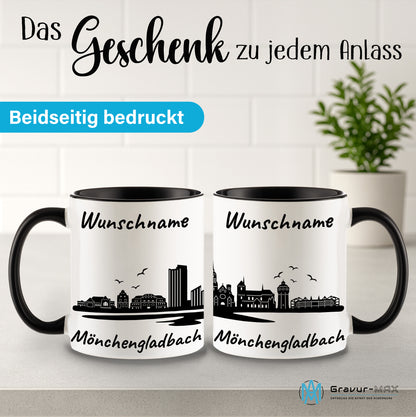 Tasse in Schwarz 330ml bedruckt mit der Skyline von Mönchengladbach personalisierbar mit Wunschname