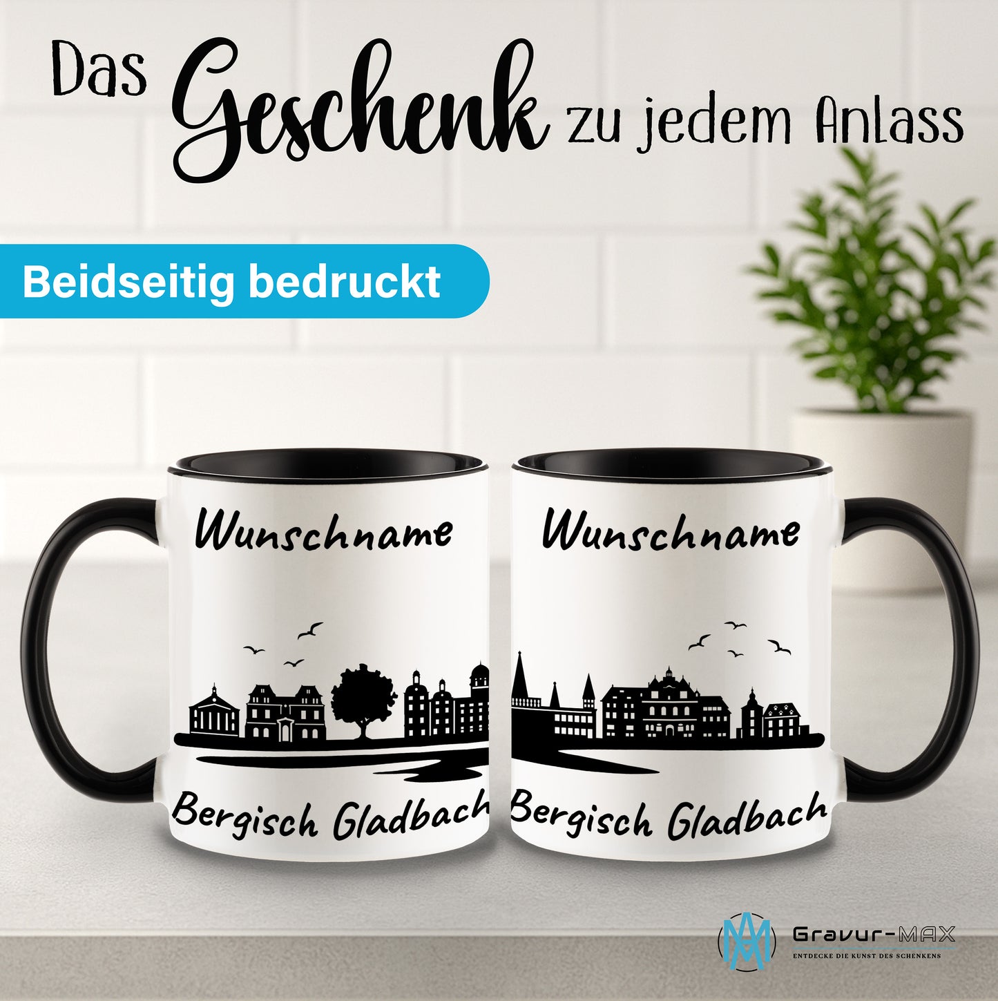 Tasse in Schwarz 330ml bedruckt mit der Skyline von Bergisch Gladbach personalisierbar mit Wunschname