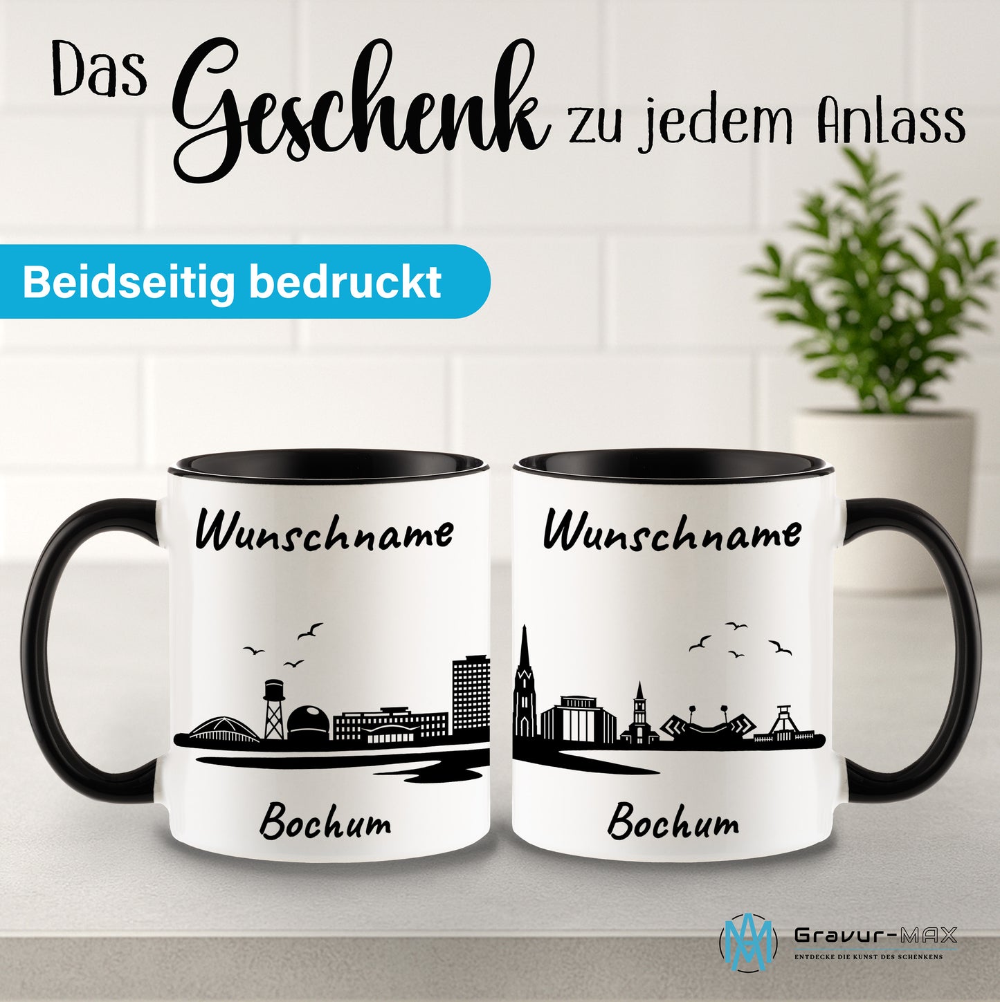 Tasse in Schwarz 330ml bedruckt mit der Skyline von Bochum personalisierbar mit Wunschname