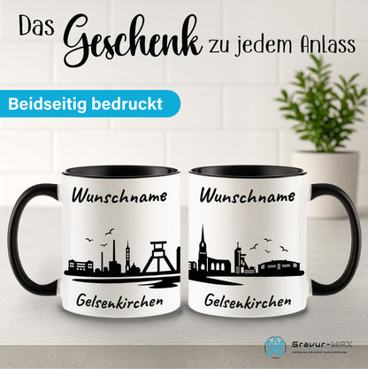 Tasse in Schwarz 330ml bedruckt mit der Skyline von Gelsenkirchen personalisierbar mit Wunschname