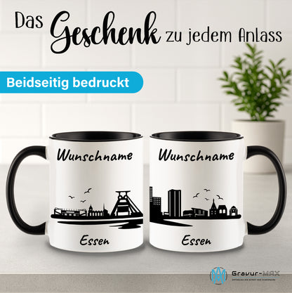 Tasse in Schwarz 330ml bedruckt mit der Skyline von Essen personalisierbar mit Wunschname